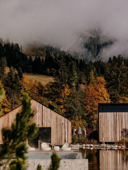 Außenpools mit Ausblick auf Berge und Wald