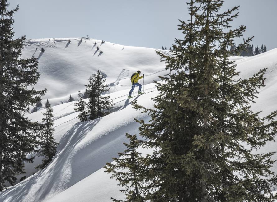 Person beim Skitouren in Leogang